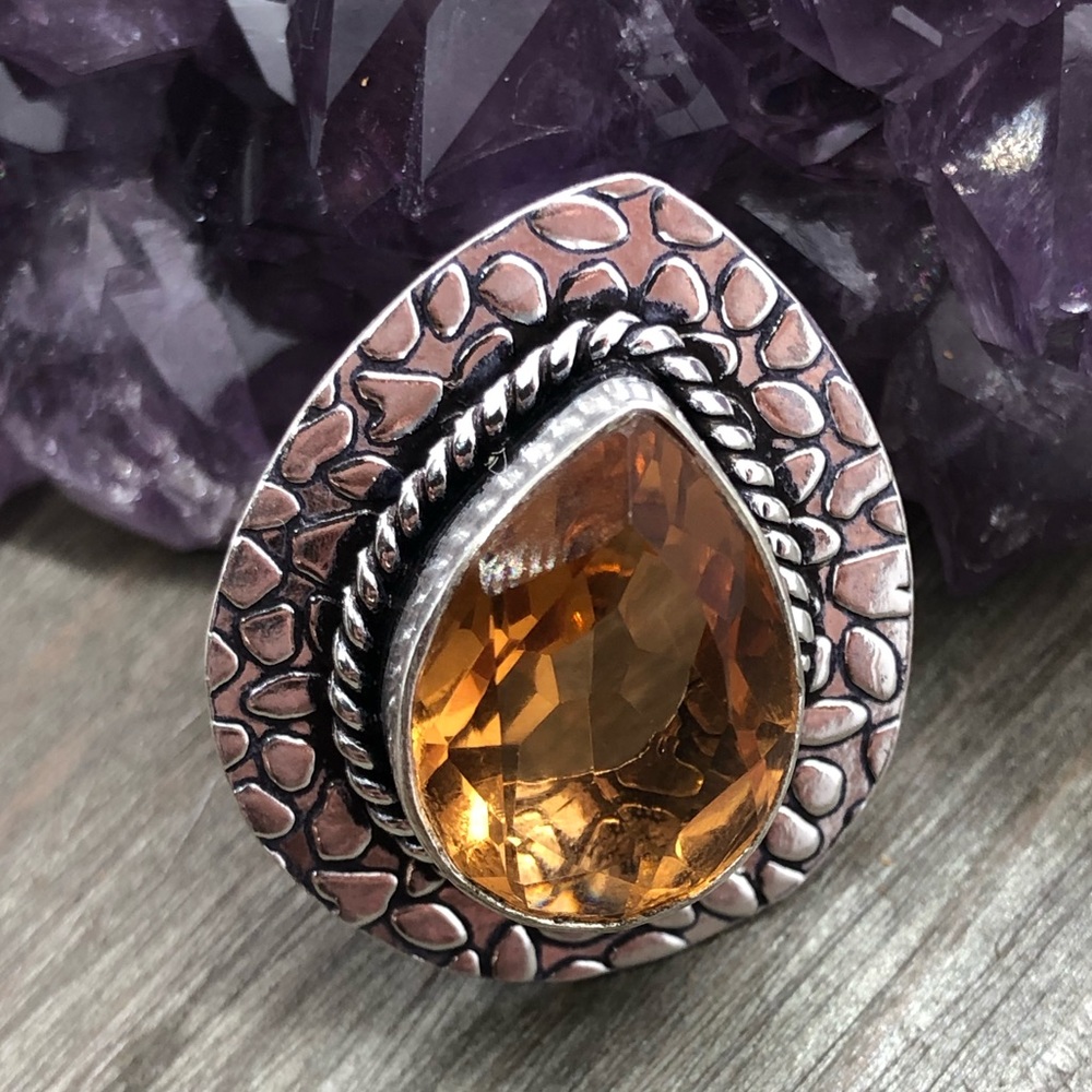 Honey topaz sliver stamp 925 Lg crystal gem ring
